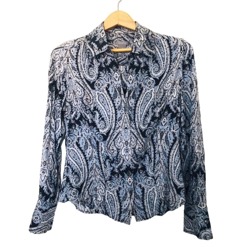 ANN Taylor Blue Silk Paisley Blouse Size 4